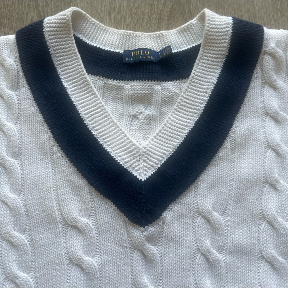 Polo Ralph Lauren 100% Cotton Cable Knit Tennis Sweater White Navy Trim Preppy - Picture 3 of 5